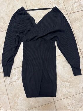 Banana Republic Black Ribbed Wrap-Style Long Sleeve Mini Dress